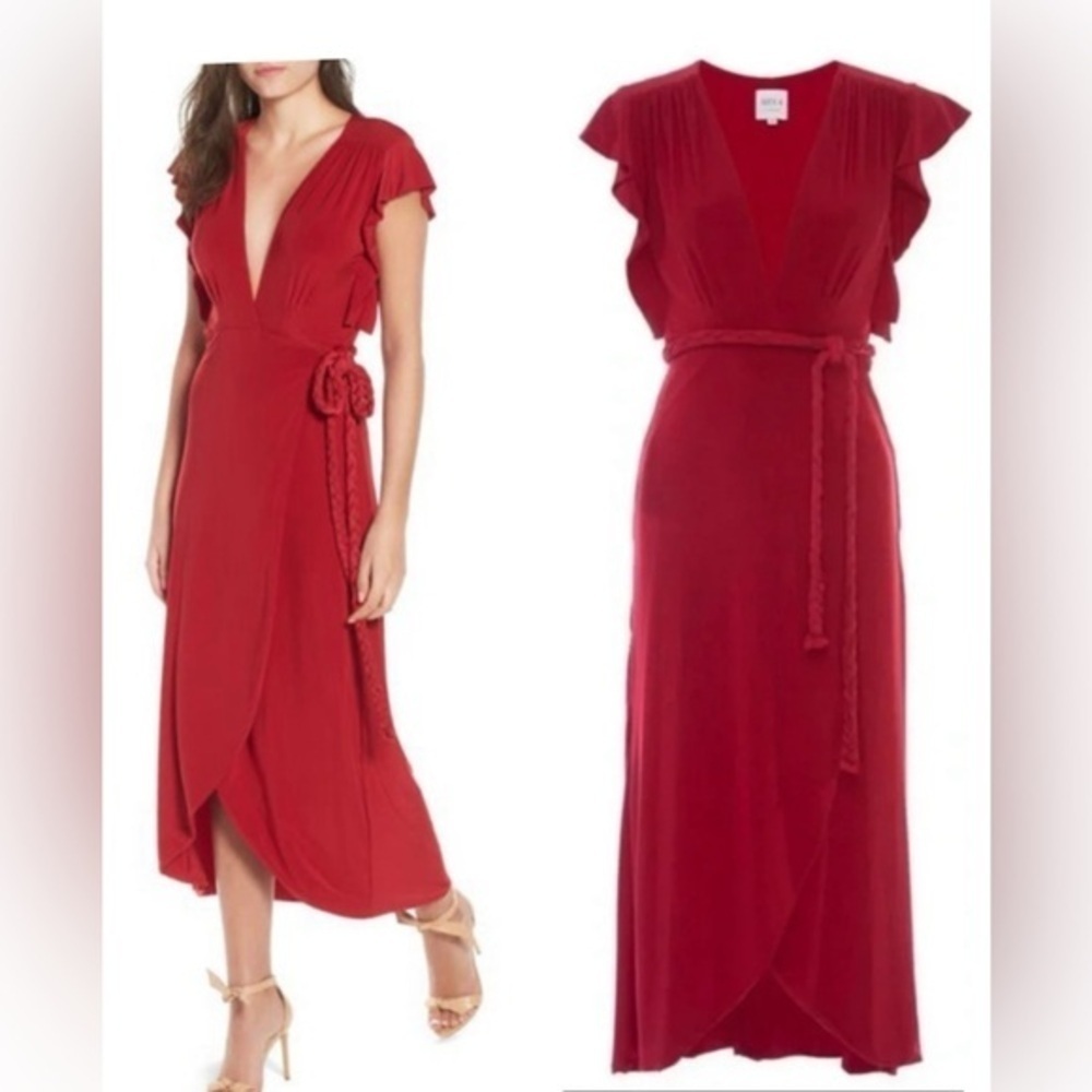 MISA Los Angeles Irina Wrap V Neck Midi Dress Red Small NWT